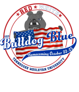 Logo featuring a bulldog holding an American flag, with red, white, and blue colors and the words'Bulldog Blue' in a circular badge for Homecoming event.