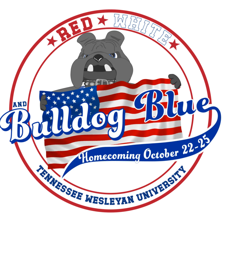 Logo featuring a bulldog holding an American flag, with red, white, and blue colors and the words 'Bulldog Blue' in a circular badge for Homecoming event.