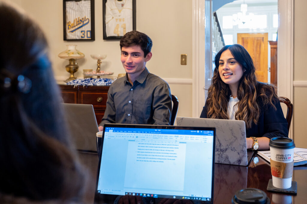 Two students meeting in Blakeslee Hall