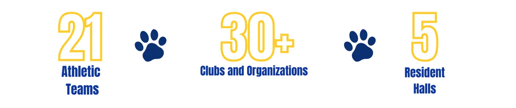 Infographic-style: 21 athletic teams, 30+ clubs and organizations, and 5 resident halls, each separated by blue paw prints.