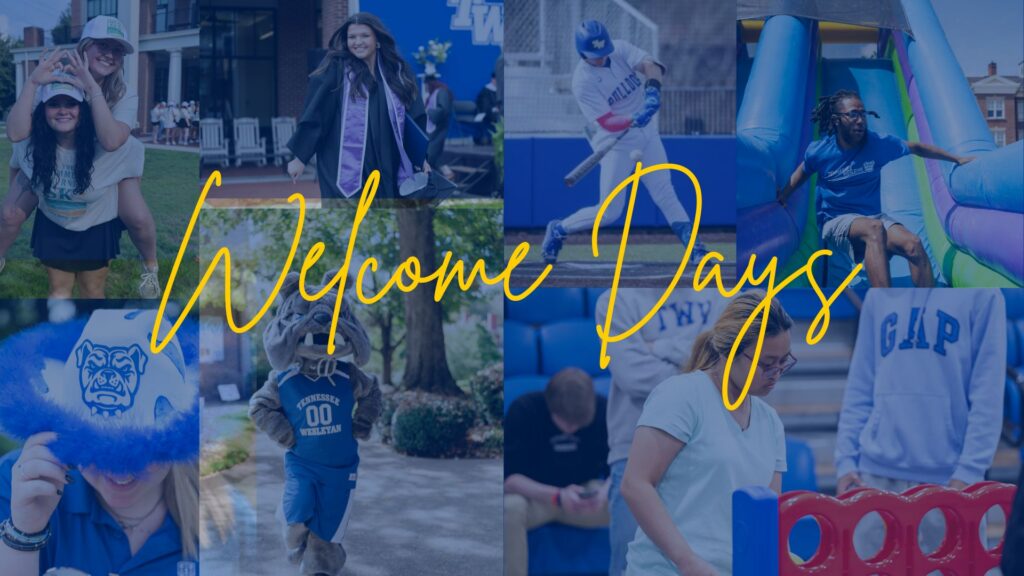 Collage of campus welcome days showing students at orientation, in cap and gown, playing sports, and a mascot with blue overlay logo effect.