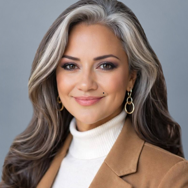 Portrait of a smiling woman with gray-streaked hair, wearing a white turtleneck and tan blazer with gold hoop earrings against a gray background, a professional headshot for business use.