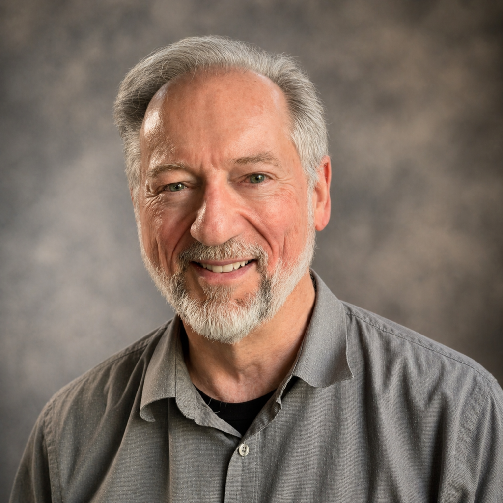 Smiling older man with gray hair and beard in a gray button-down shirt, posed against a neutral studio backdrop.