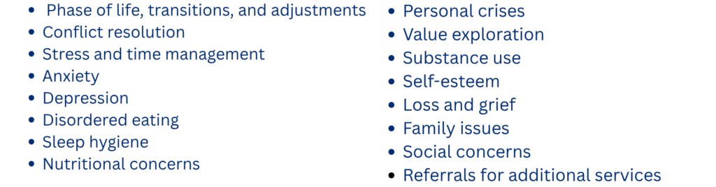 Two-column bullet list of mental health topics and concerns, including anxiety, depression, sleep hygiene, and referrals for additional services.