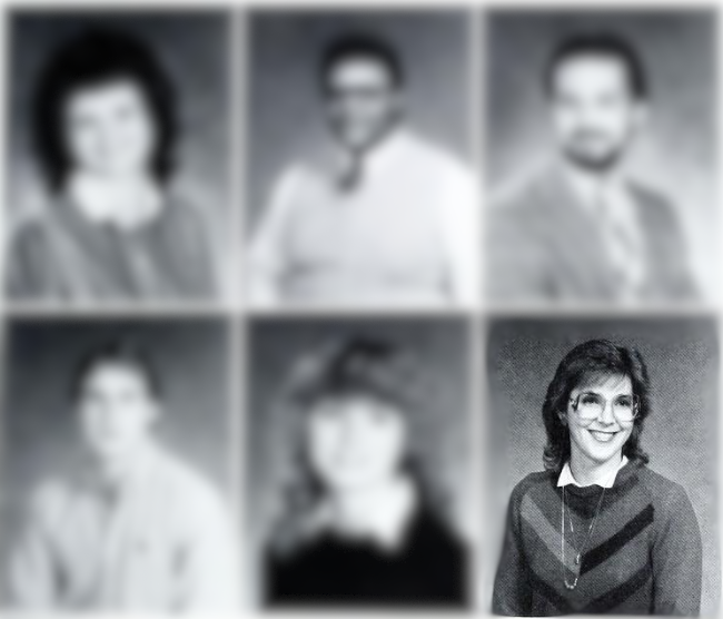 Grid of six grayscale headshots; bottom-right portrait shows a smiling woman in a dark striped sweater.