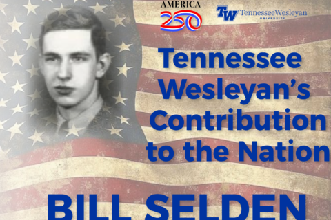 Vintage banner with an American flag background, a grayscale portrait on the left, and bold blue text reading "Tennessee Wesleyan's Contribution to the Nation".