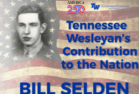 Vintage banner with an American flag background, a grayscale portrait on the left, and bold blue text reading "Tennessee Wesleyan's Contribution to the Nation".