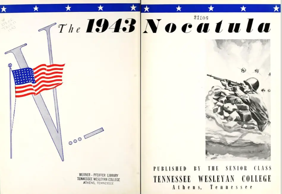Two-page yearbook cover spread: left page shows a large stylized'V' with an American flag, and library credits; right page features a soldier firing a rifle from behind rocks with explosions, plus college imprint.