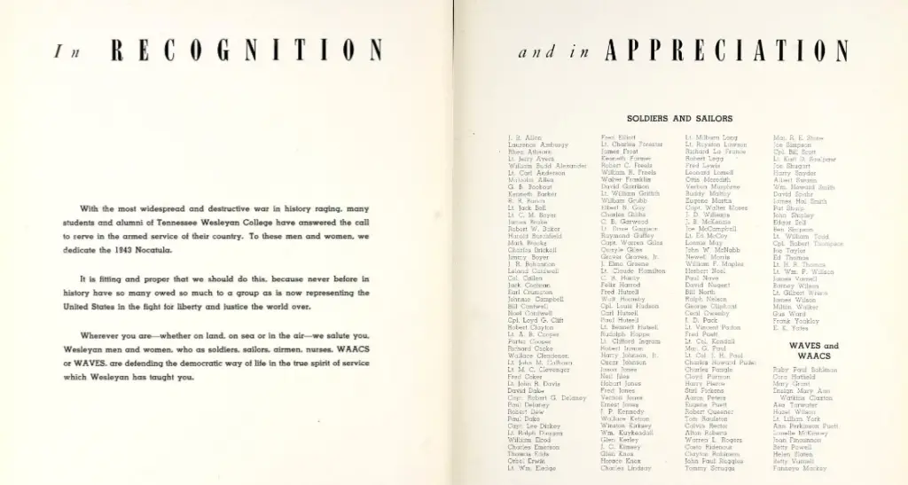 Two-page dedication spread reading'In Recognition and in Appreciation' with lists of soldiers and sailors and WAACs.