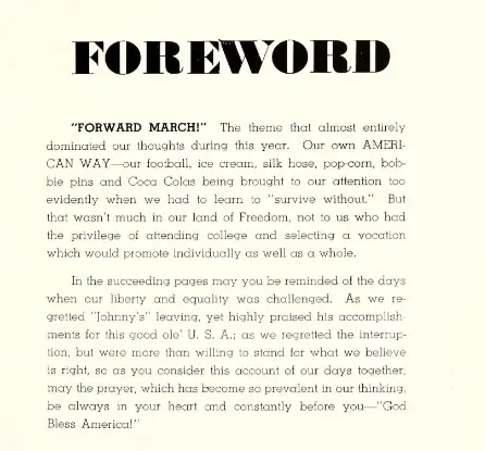 Page titled FOREWORD with a block of small serif text beginning 'FORWARD MARCH!' discussing liberty and patriotism in a vintage document layout,