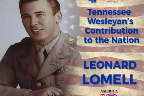 Portrait of a U.S. Army officer in uniform with the American flag background and the text 'Tennessee Wesleyan's Contribution to the Nation'.