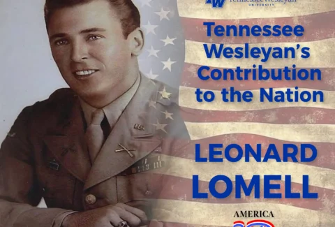Portrait of a U.S. Army officer in uniform with the American flag background and the text 'Tennessee Wesleyan's Contribution to the Nation'.