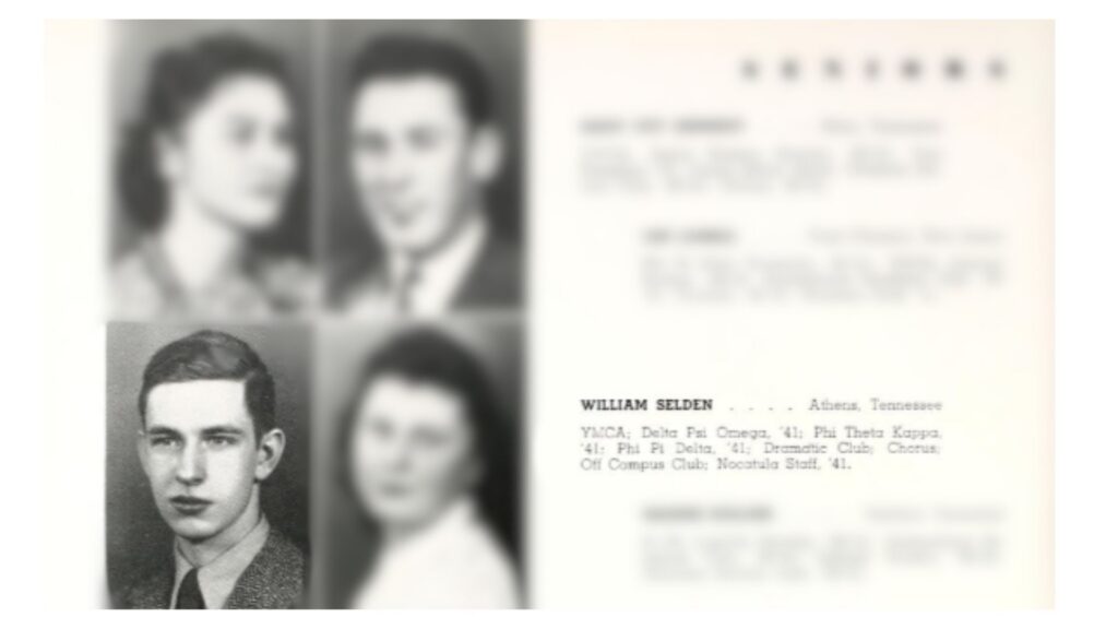 Yearbook collage: four black-and-white headshots on the left, with a faint biography on the right mentioning William Selden.