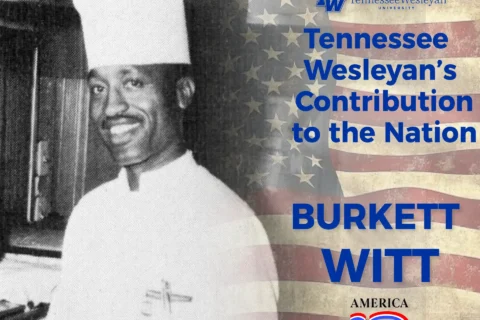 Black-and-white portrait of a man with an American flag backdrop and blue text reading 'Tennessee Wesleyan University' and 'Burkett'.
