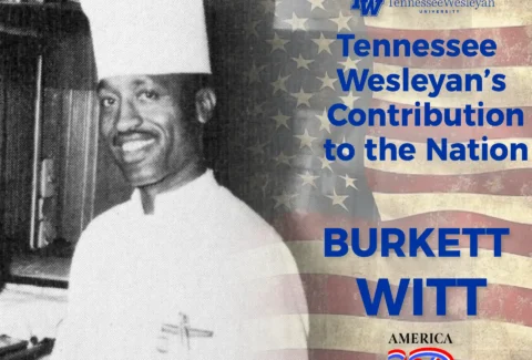 Black-and-white portrait of a man with an American flag backdrop and blue text reading 'Tennessee Wesleyan University' and 'Burkett'.