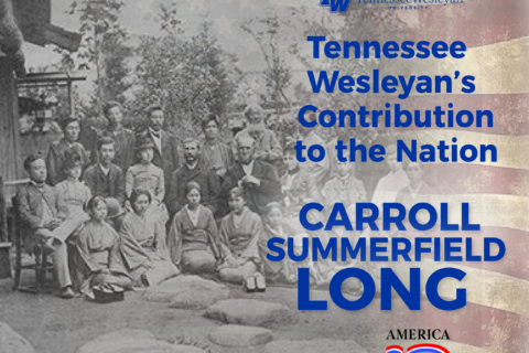 Historic black-and-white group photo of students with a blue overlay headline: 'Tennessee Wesleyan's Contribution to the Nation' and a TW logo in the top right corner.