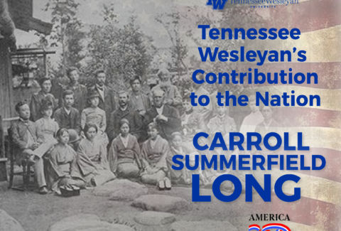 Historic black-and-white group photo of students with a blue overlay headline: 'Tennessee Wesleyan's Contribution to the Nation' and a TW logo in the top right corner.