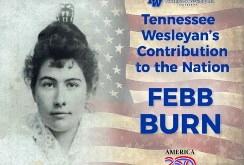 Black-and-white portrait of a woman overlaid with the American flag and bold blue text about Tennessee Wesleyan University's contribution to the nation. (informational)