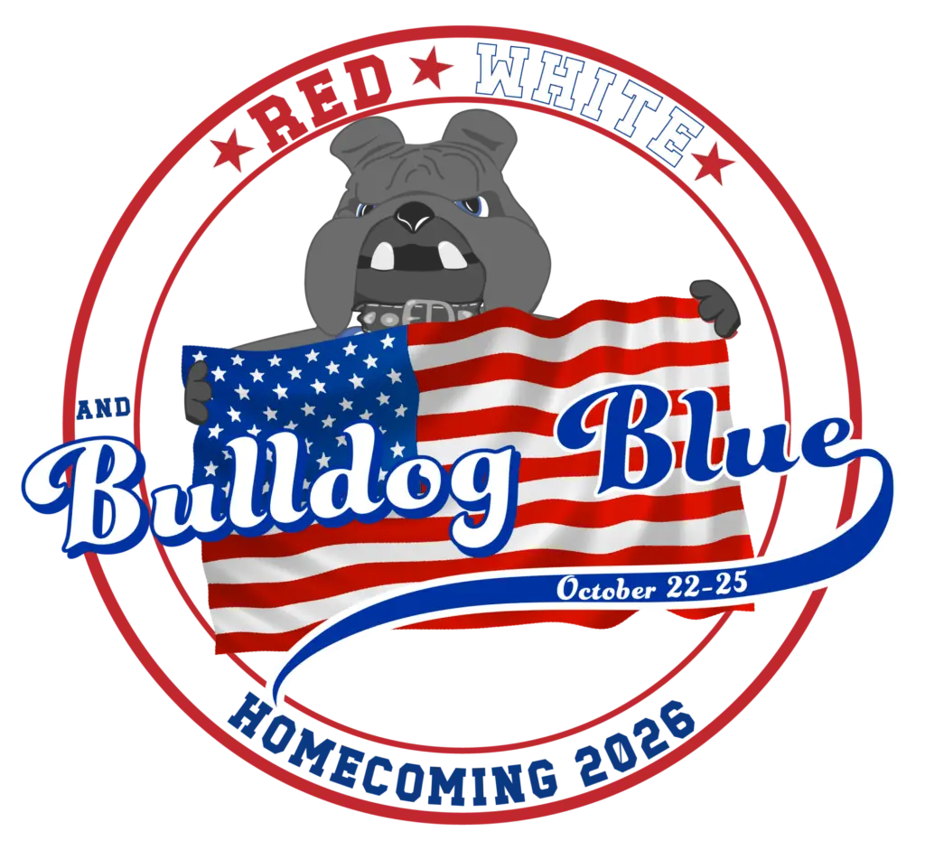 Patriotic logo: a cartoon bulldog holding an American flag inside a red circular badge with 'Bulldog Blue' text and stars.