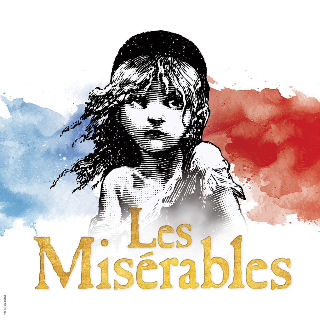 Black-and-white sketch of a girl with a blue and red watercolor background and the gold title 'Les Misérables' underneath.