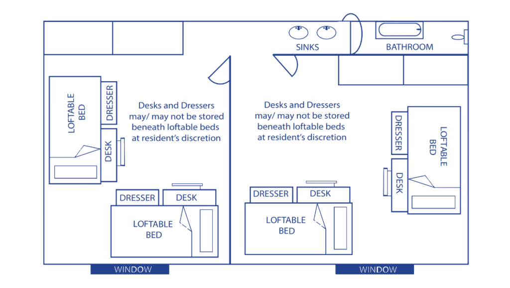 Floor plan of a two-room dorm suite with loftable beds, desks, and dressers; sinks and a shared bathroom shown, plus two windows along the bottom edge.
