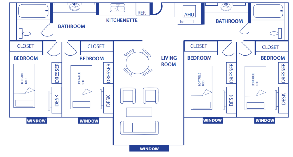 Floor plan of a four-bedroom apartment: central living room with seating, each bedroom has a loftable bed, desk, and dresser; kitchenette and two bathrooms; multiple closets and windows.