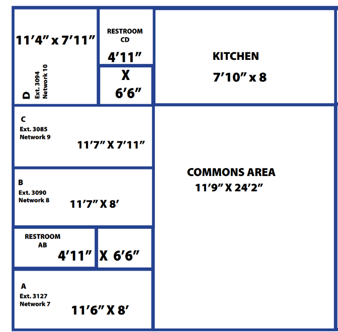 Floor plan: right side has a large COMMONS AREA (11'9" x 24'2") and a KITCHEN (7'10" x 8'); left column contains multiple offices of varying sizes (e.g., 11'4" x 7'11", 11'7" x 7'11", 11'7" x 8', plus restrooms 4'11" x 6'6" and 11'6" x 8').