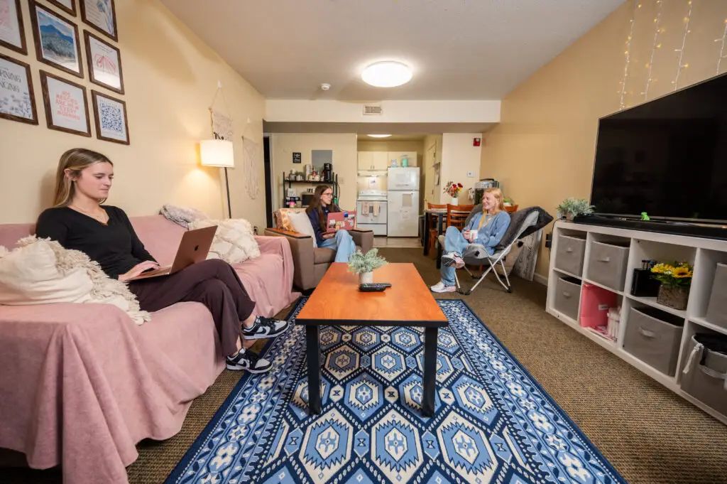 Three women sit in a cozy living room: one on a pink sofa with a laptop, another in a chair with a notebook, and a third in a recliner with a mug; blue geometric rug under the coffee table.