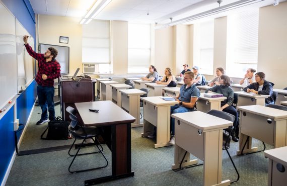 students in lecture at durham educational building